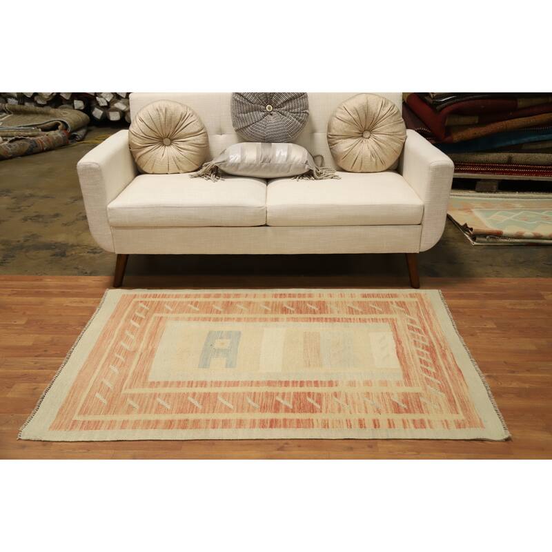 Hand Woven Oriental 100% Wool Carpet Southwestern Tribal Oranges & Rust Kilim Area Rug - 5' 0'' X 3' 5''