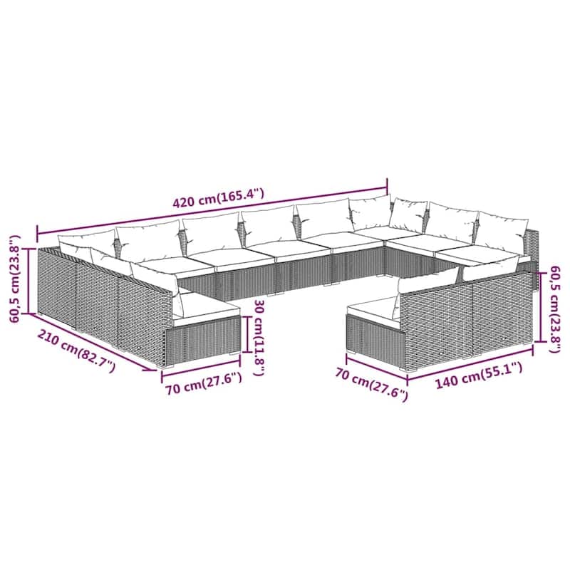 vidaXL Patio Lounge Set with Cushions Brown Poly Rattan - 27.6" x 27.6" x 24" - 27.6" x 27.6" x 24"