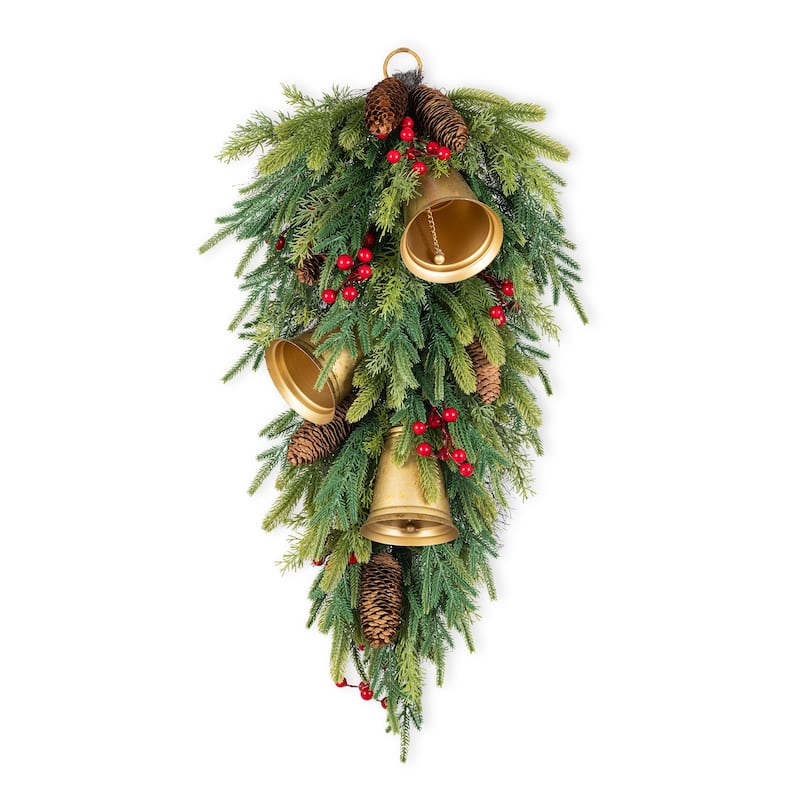 Glitzhome Christmas Berry Bow Pinecone Bell Holy Leaf Teardrop Swag Xmas Wreath - Single-I