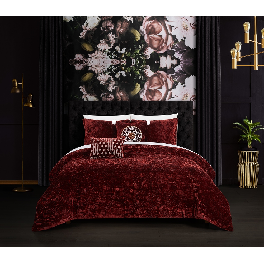 Chic Home Kiana 5 Piece Textured Crinkle Velvet Design Comforter Set, Burgundy