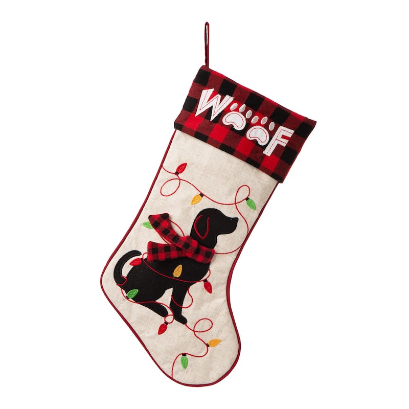 Glitzhome 21"L LED Embroidered Linen Reindeer Cat Dog Christmas Stockings