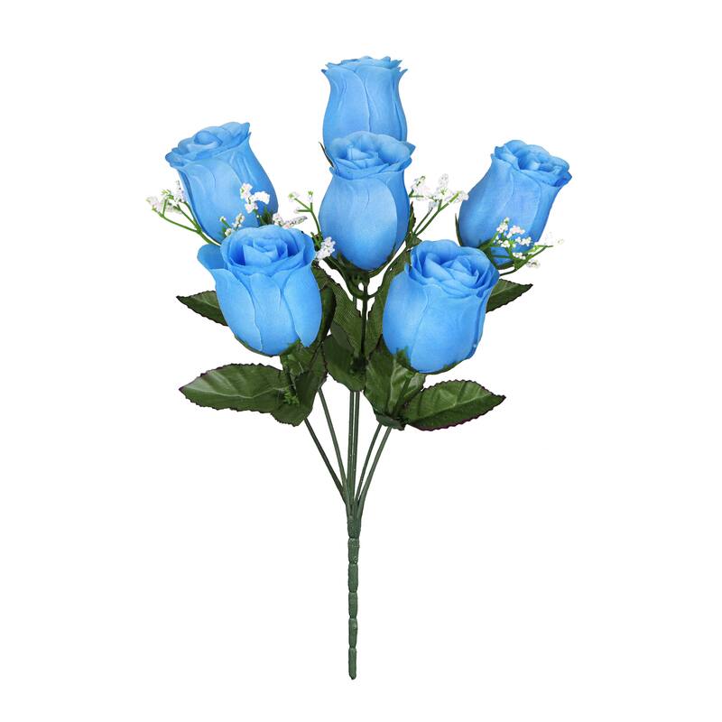 Set of 12 Blue Artificial Rose Bud Flower Stem Bush Bouquet 14in - 14" L x 6" W x 6" DP