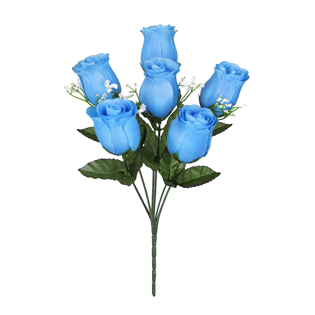Set of 12 Blue Artificial Rose Bud Flower Stem Bush Bouquet 14in - 14" L x 6" W x 6" DP