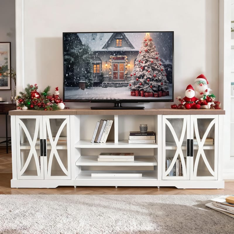93" Farmhouse White Barn Door Storage Cabinets Console TV Stand for TVs Up to 100" with Adjustable Shelves