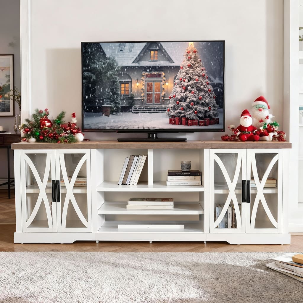 93" Farmhouse White Barn Door Storage Cabinets Console TV Stand for TVs Up to 100" with Adjustable Shelves