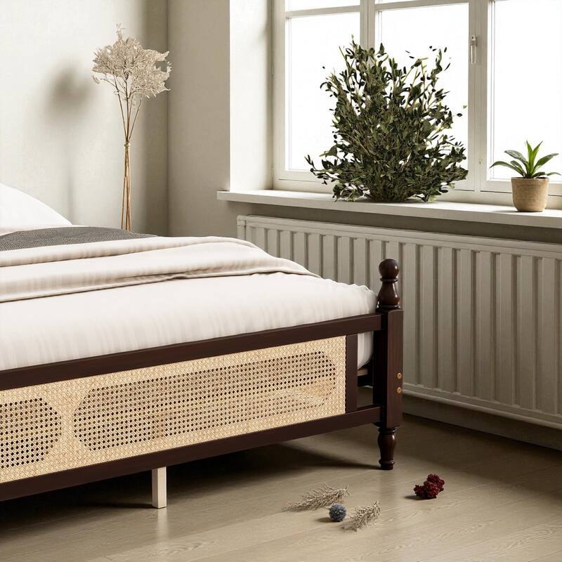 Queen/King Size Pine Wood Bed with Rattan Headboard and Footboard, Solid Frame with Central Support and Under-Bed Storage