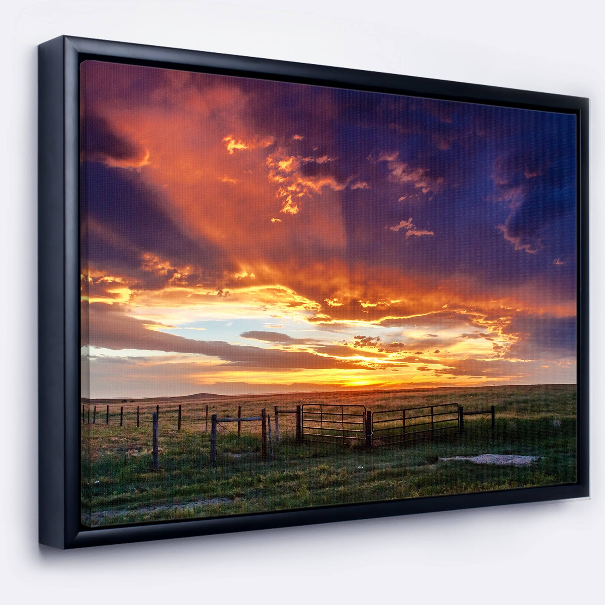 Designart "Dramatic Sunset over Prairie" Large Landscape Framed Canvas