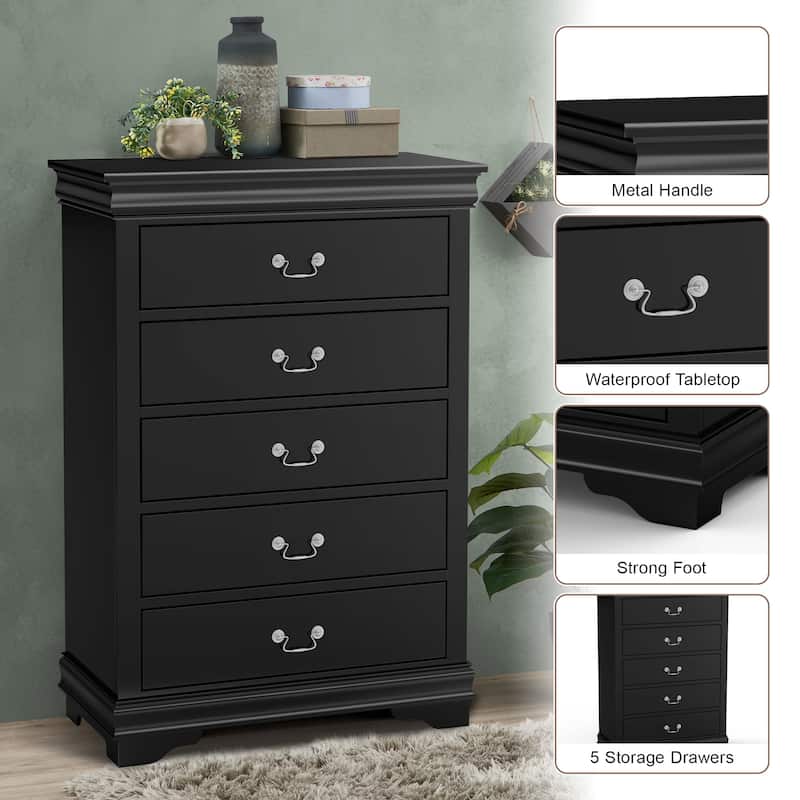 48" Tall Modern Black Solid Wood 5-drawer Storage Chest