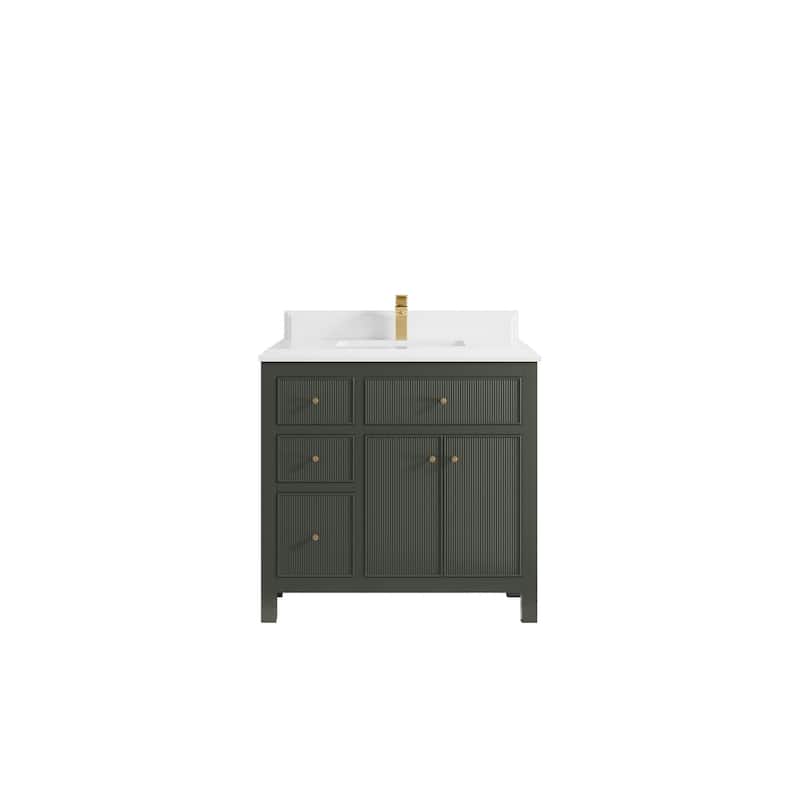 Willow Collections 36 in W x 22 in D Sonoma Center Sink Free Standing Reeded Bathroom Vanity with Countertop - 1.5" White Quartz - Pewter Green
