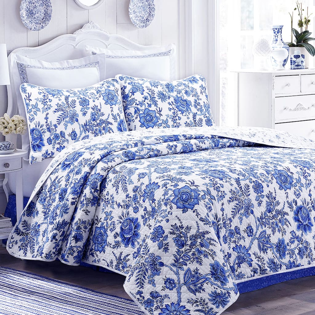 Cozy Line Royal Blue Floral Toile Garden Cotton Quilt Bedding Set