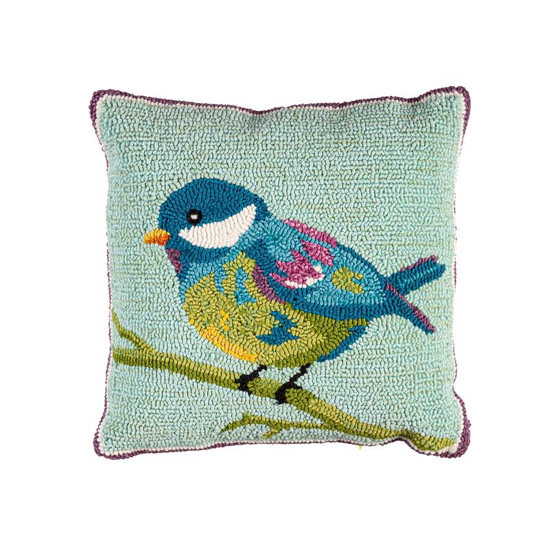Indoor/Outdoor Bluebird Hooked Polypropylene Throw Pillow 18"x18"