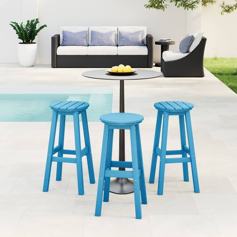 Laguna Hdpe All Weather Outdoor Patio 29" Round Bar Stool (Set Of 3) - Pacific Blue