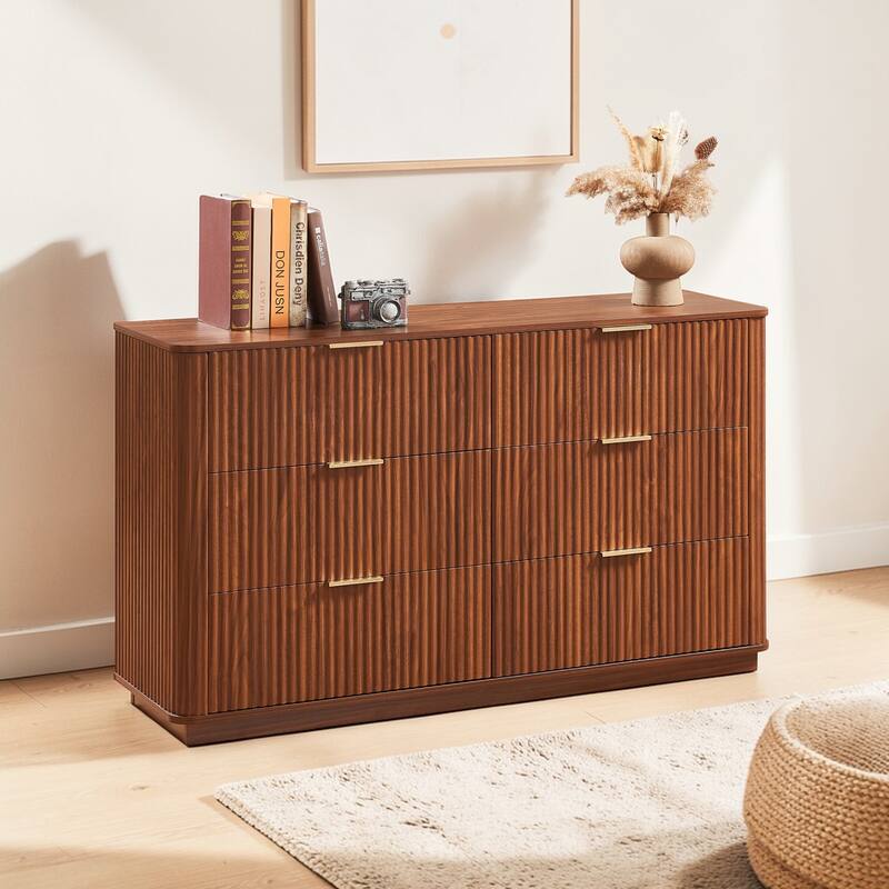 Modern 6 Drawer Dresser with Wave Front Design, Wide Storage Chest and TV Stand, 55" Wooden Organizer Cabinet