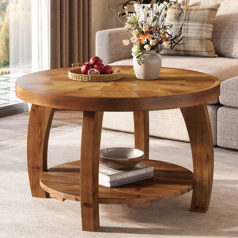 31.5 Inch Solid Wood Round Coffee Table with Storage - Brown