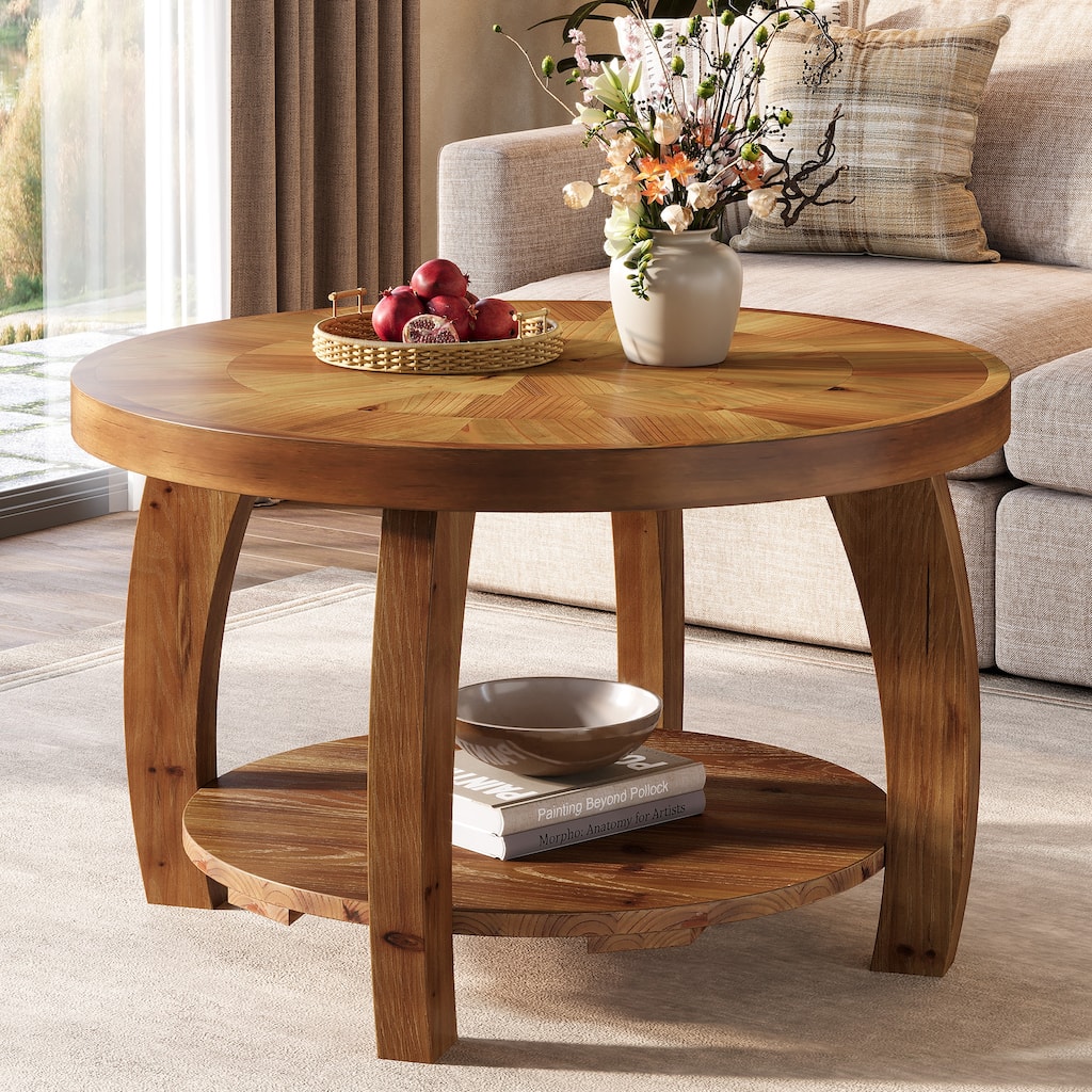 31.5 Inch Solid Wood Round Coffee Table with Storage