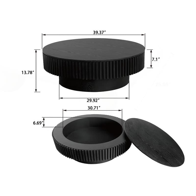 39.37in Round Coffee Table with Storage Solid Wood Veneered