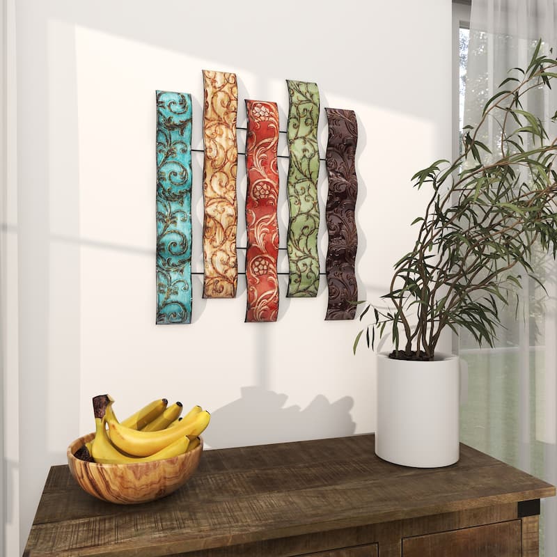 Multi Colored Metal 5 Wavy Panels Abstract Home Wall Decor with Embossed Details