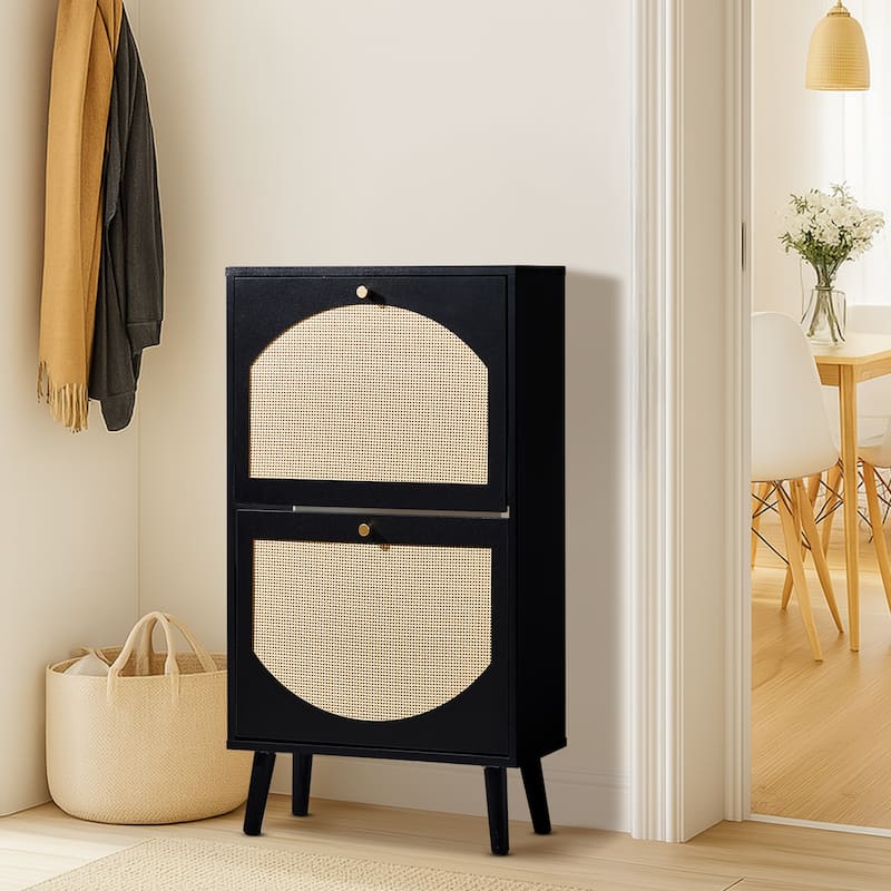Black Flip Down Shoe Cabinet with Rattan Style Fronts Elevated Legs and Space Saving Storage for Home Entryway