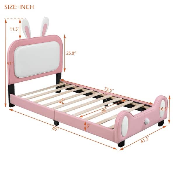Twin size Upholstered Rabbit-Shape Princess Bed,Twin Size Platform Bed with Headboard and Footboard,White+Pink