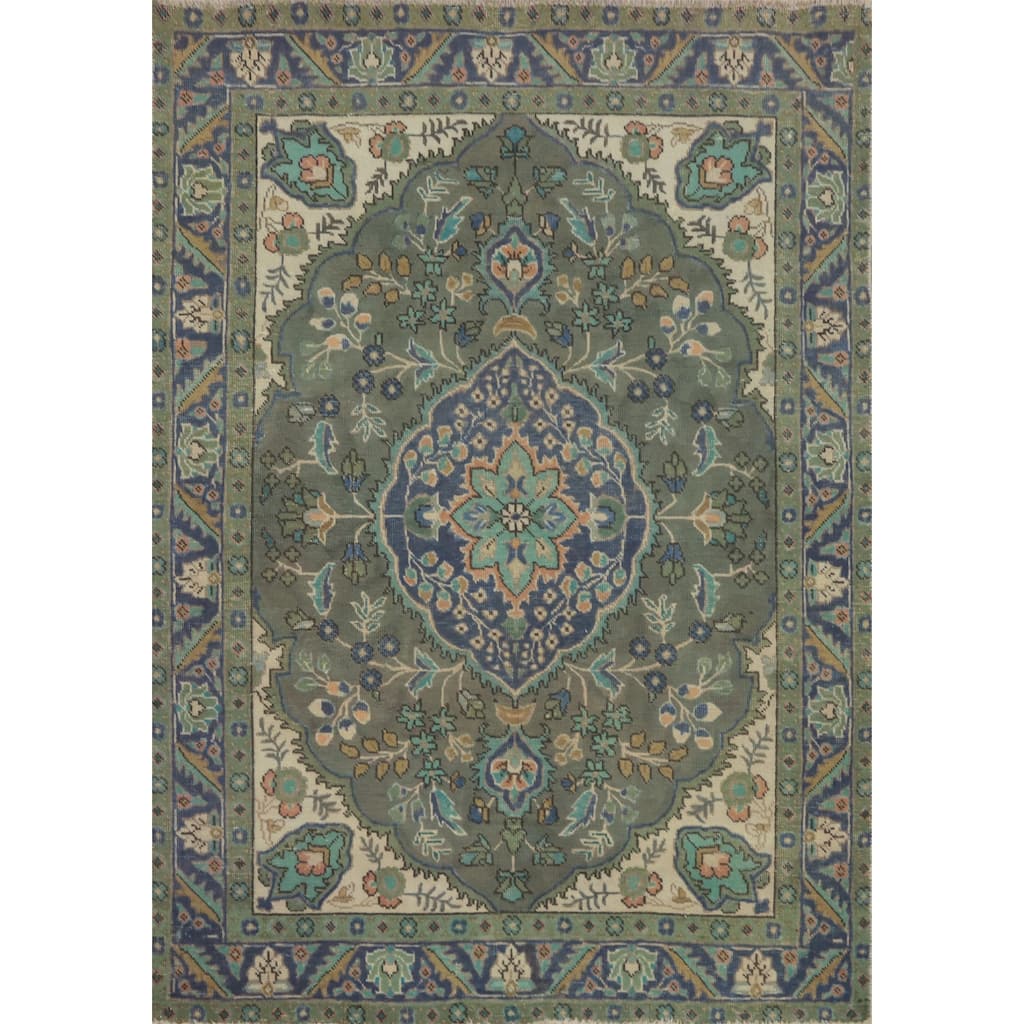 Hand Knotted Oriental 100% Wool Carpet Traditional Floral Green Tabriz Area Rug - 6' 0'' X 4' 6''