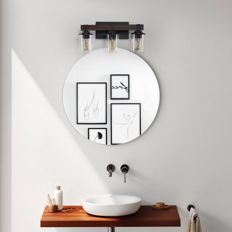 19" Rustic 3-Light Vanity Light, Industrial Bathroom Wall Sconce with Glass Shades and Wood Accent (No Bulbs) - Walnut