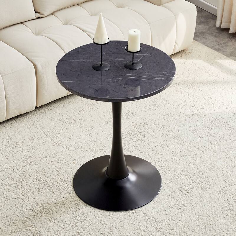 Round Thickened Table Top Coffee Table, Metal Pedestal Side Table Modern Bistro Table - Black Gery - 23.6"