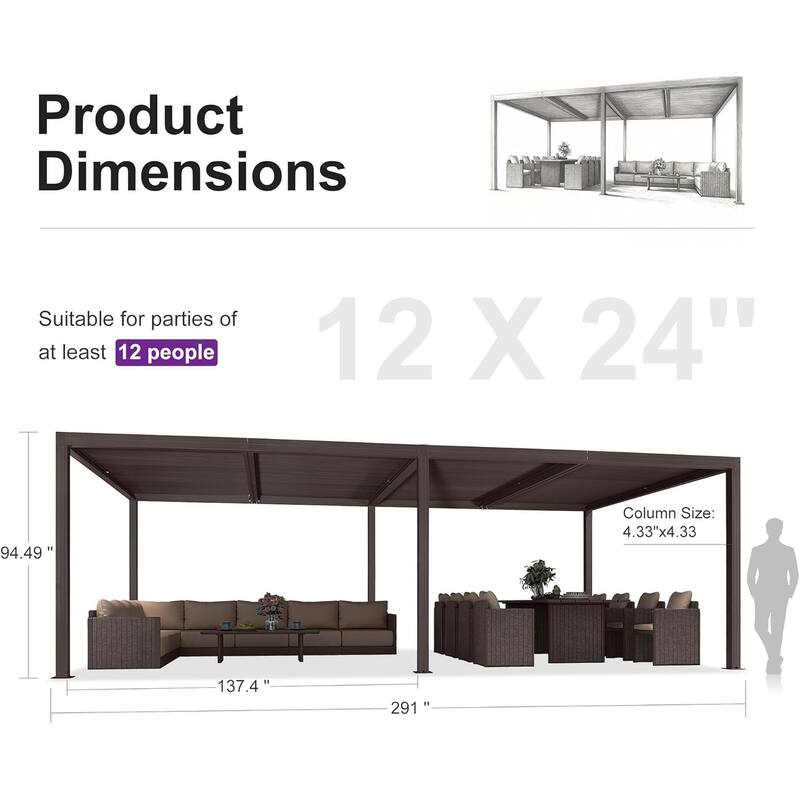 PURPLE LEAF Bronze Louvered Pergola with Adjustable Roof for Deck Backyard Garden Hardtop Gazebo