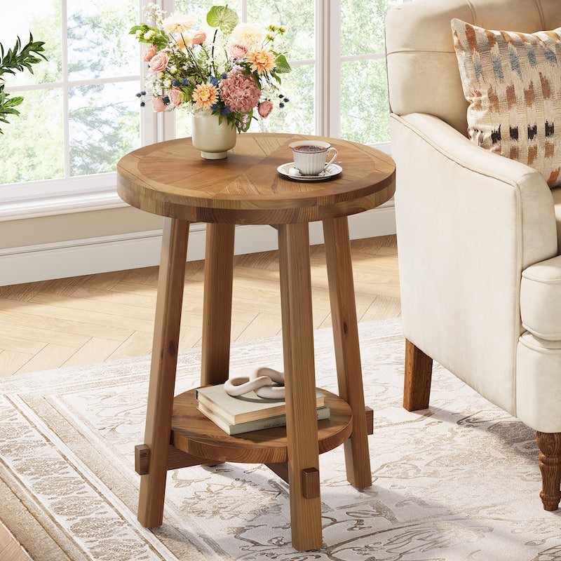 Round Side Table, Solid Wood 2 Tier End Table for Living Room