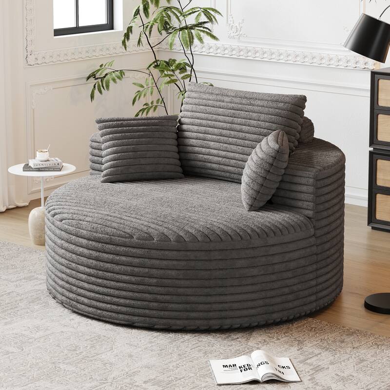 Corduroy Upholstered Single Sofa, Oversized Fluffy Sleeper Chair, Round Reading Chair with Headrest & 2 Pillow