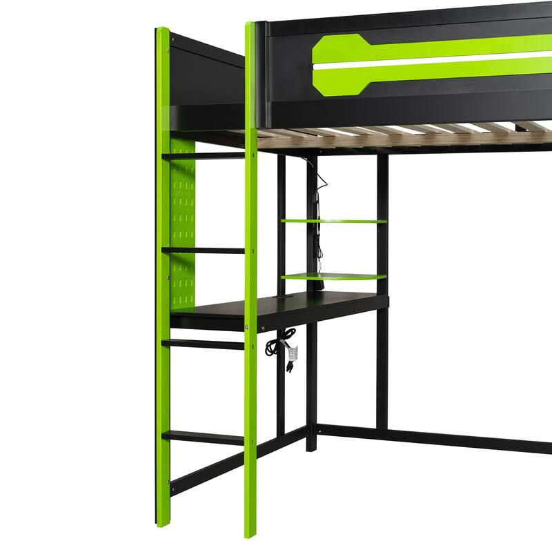 Full Size Gaming Loft Bed with Desk & Wardrobe, Wooden Storage Bed with RGB LED Lighting, Charging Station