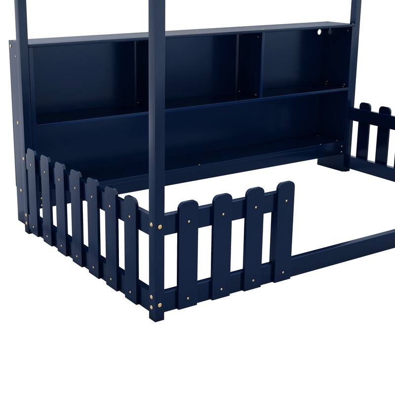 Twin Wooden House Bed with LED Light, Built-in Bookshelf & Safety Guardrails