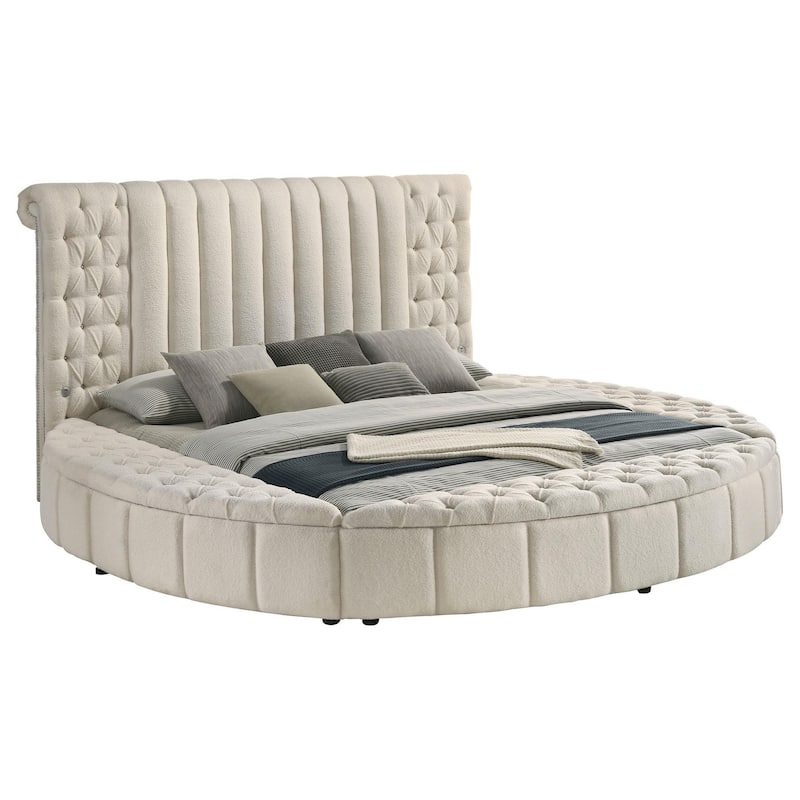 Neya King Round Bed with Storage, Wingback, Ivory Boucle Upholstery