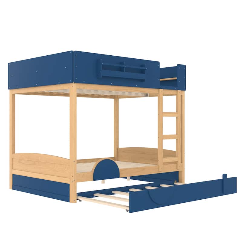 Queen/Full Bunk Bed with Trundle, Built-in Bookshelf & Safety Guardrail, Automobile Design