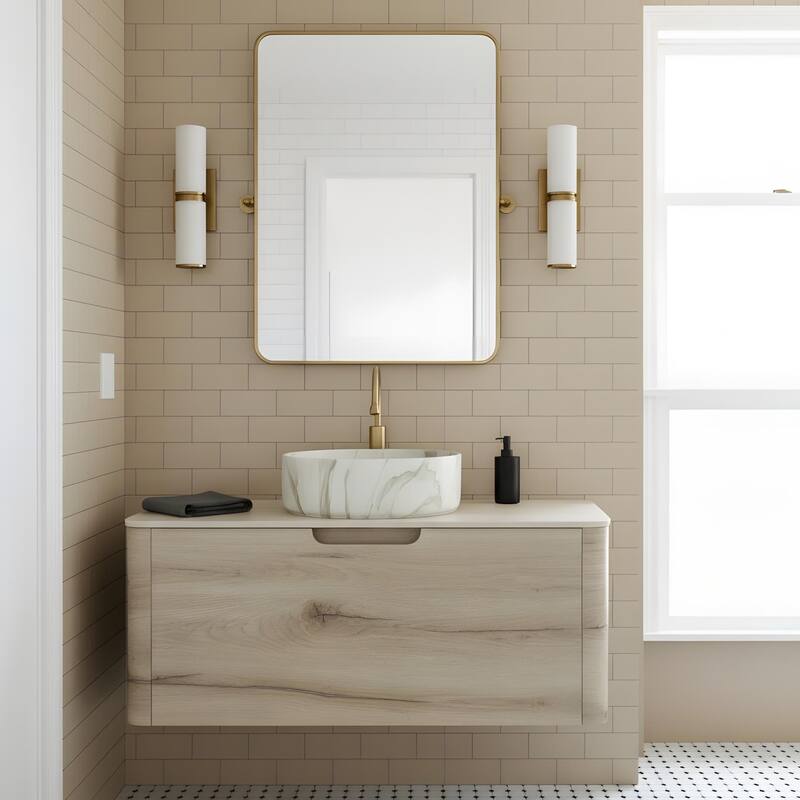 Wall-mounted Bathroom Vanity with Round Vessel Basin - 36 - White Oak+Stone White