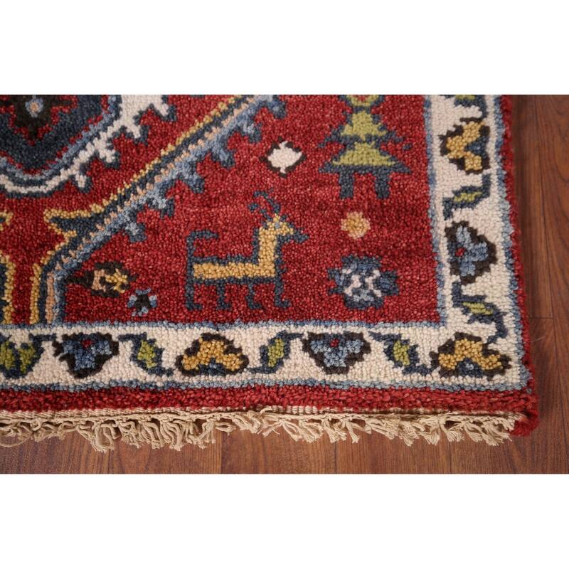 Red Geometric Kazak Oriental Runner Rug Hand-Knotted Wool Carpet - 2'7"x 8'1"