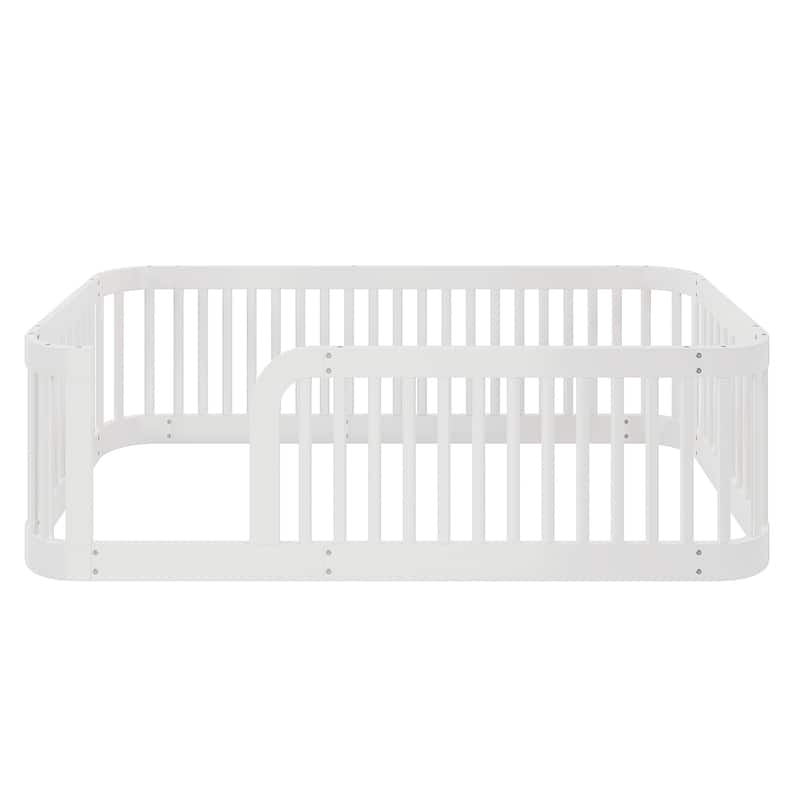 Toddler Floor Bed Wood Bed Frame with Without Slats and Rounded Corners Design, Kids Bed with Safety Fence for Boys Girls