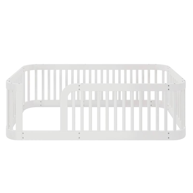 Twin Size Wood Floor Bed Frame with Fence, White