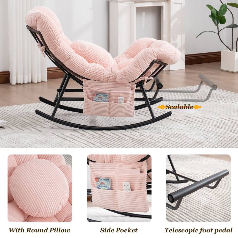 HOMEFUN Corduroy Upholstered Egg Shaped Design Steel Frame Rocking Chair with Side Pocket and Foot Pedal