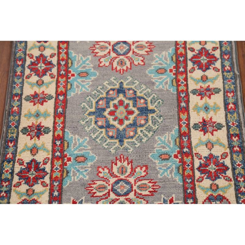 Gray Geometric Kazak Oriental Accent Rug Handmade Wool Carpet - 2'1"x 2'10"