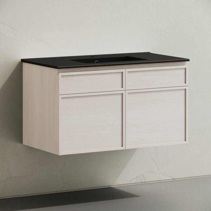 St. Tropez 36" Wall-Mounted Bathroom Vanity In White Oak With Black Sink Top - 36