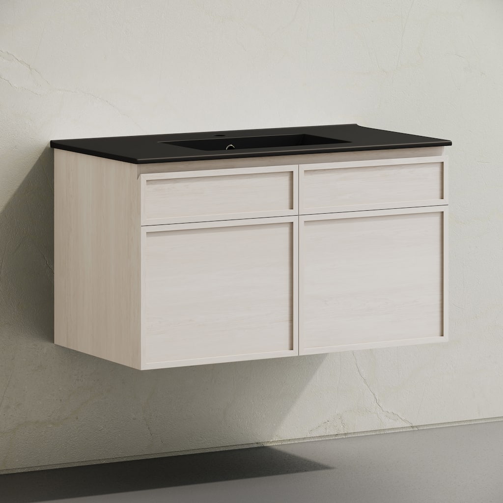 St. Tropez 36" Wall-Mounted Bathroom Vanity In White Oak With Black Sink Top - 36