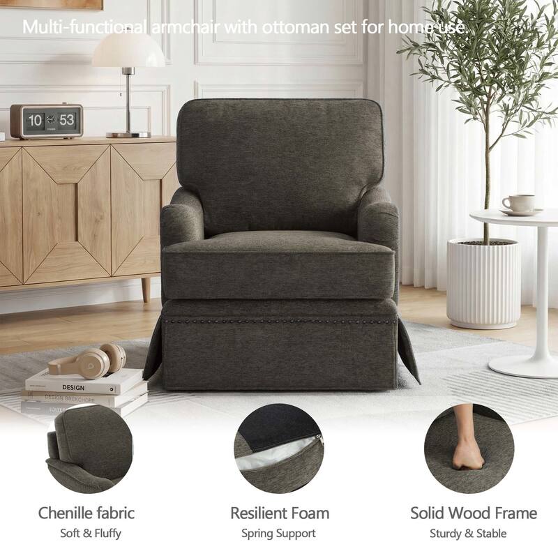 Modern Chenille Swivel Armchair and Storage Ottoman