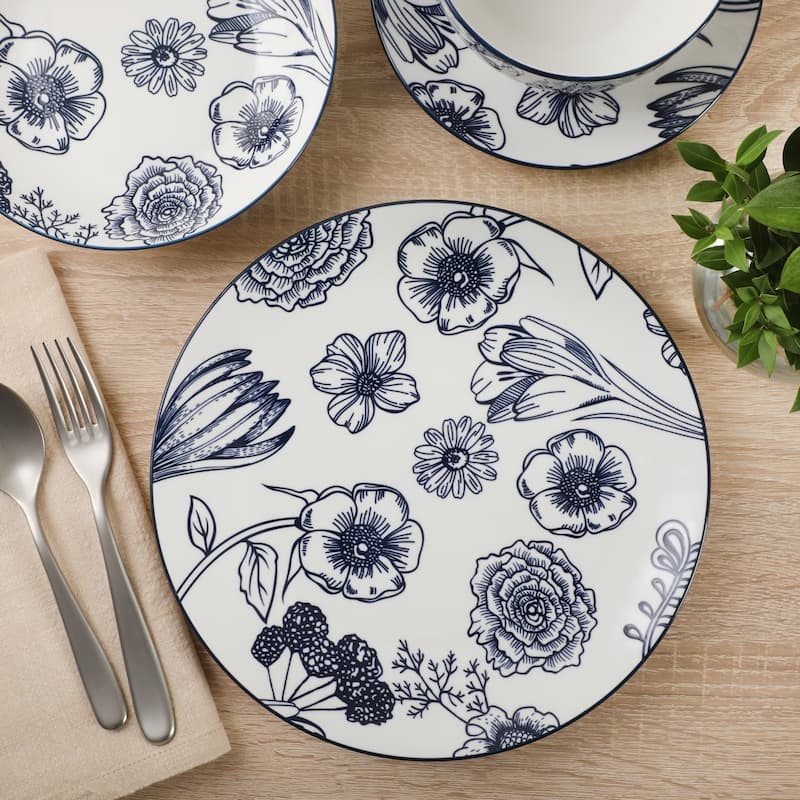 Gibson Home Westerly Court 16-Piece Dinnerware Set, Blue Floral Stoneware Plates & Bowls, Service for 4