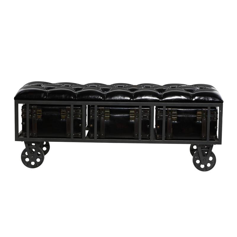 Black Faux Leather Tufted Upholstered 3 Trunk Storage Bench with Industrial Wheels and Gold Studded Accents