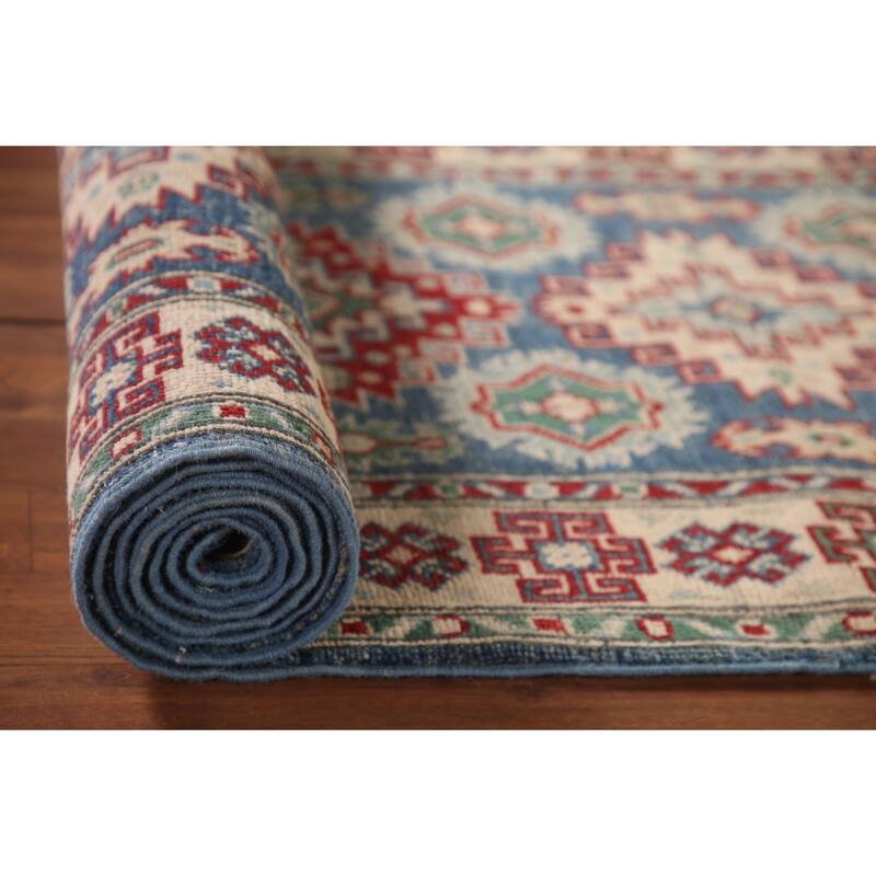Blue Geometric Kazak Runner Rug Handmade Oriental Wool Carpet - 2'8" x 12'7"