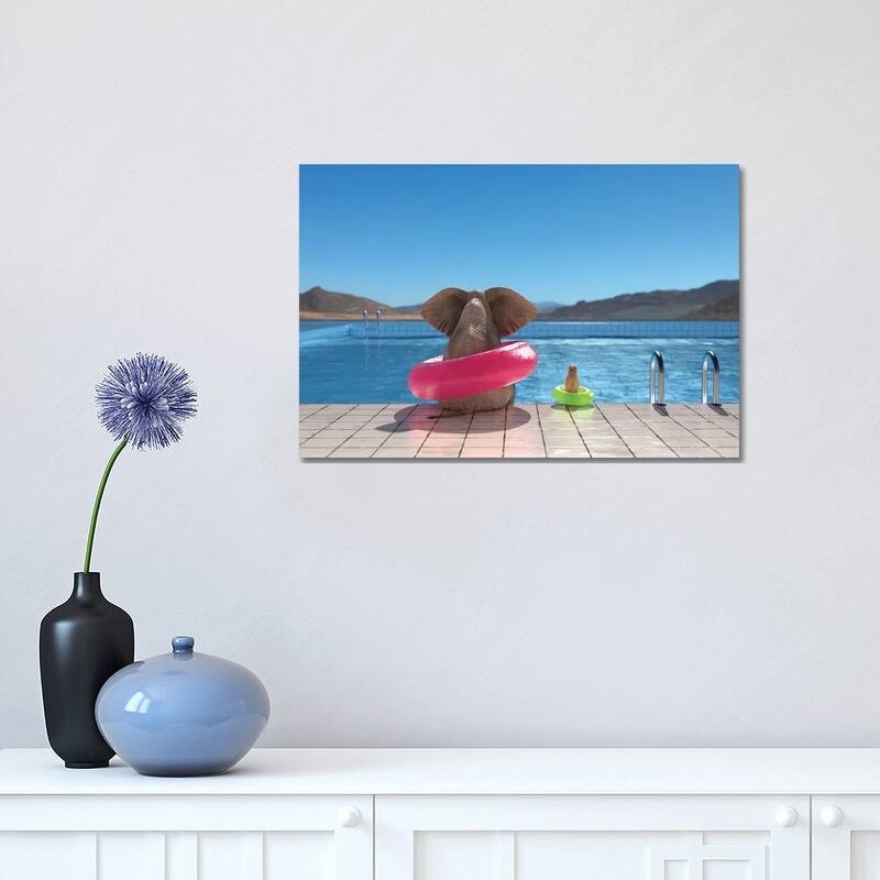 iCanvas "Elephant And Dog Sit On The Edge Of The Pool II" by Mike Kiev Canvas Print - 12x18x1.5