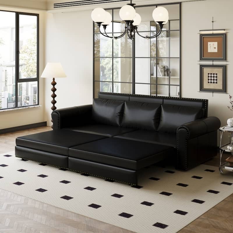 93.7" King Pull Out 3-in-1 Faux Leather Convertible Sleeper Sofa Bed with Nailhead Trim and Rolled Arm