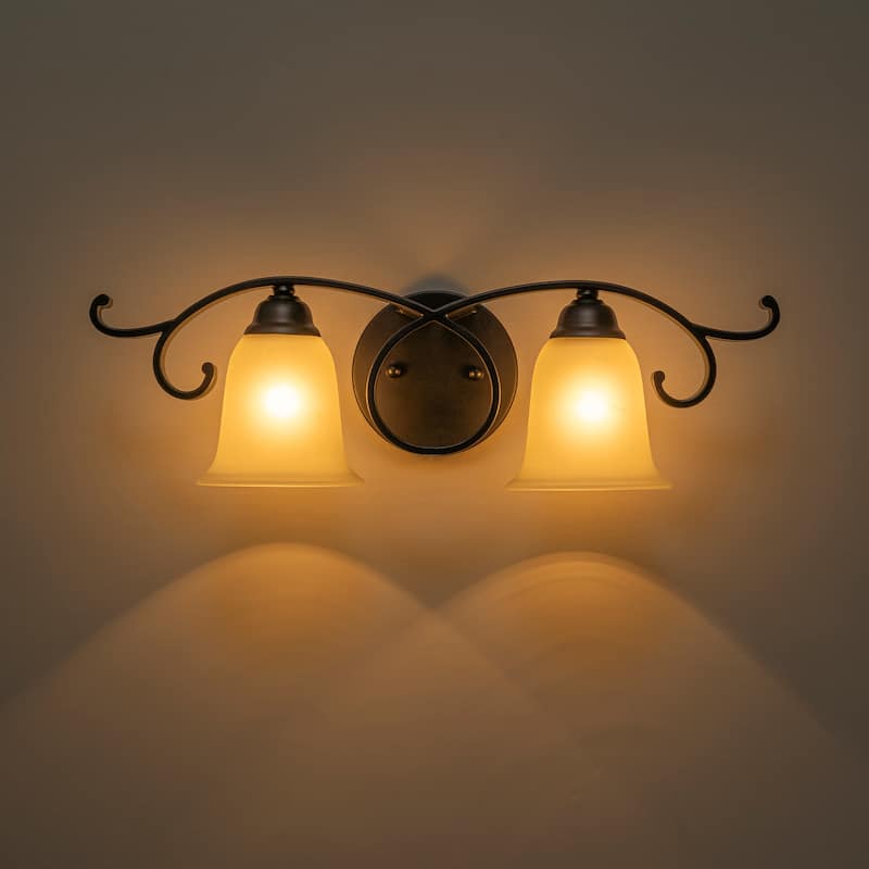 2-Light Black Scrollwork Metal Wall Sconce Frosted Bell Shade