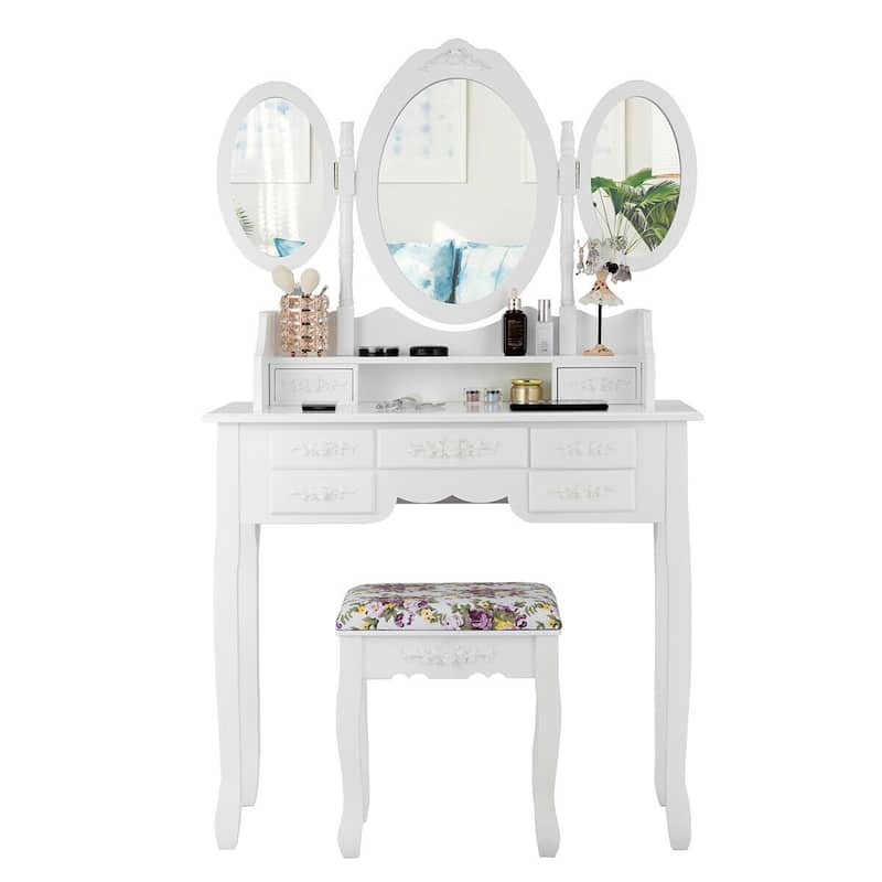 Gymax Vanity Makeup Set W/7 Drawer Tri-Folding Mirror Dressing Table &