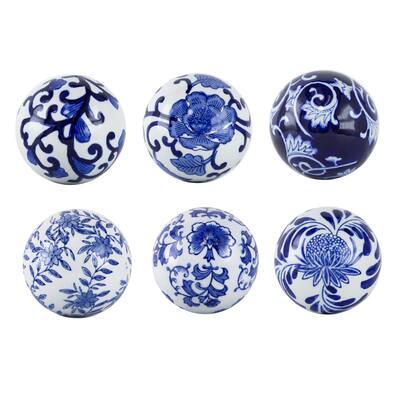 4 Inch Decorative Porcelain Stones, Blue And White Print, Set of 6